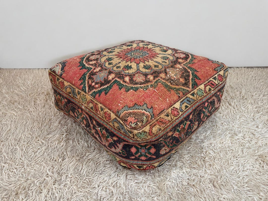 Turkish Pouf 24x24x8, Vintage Ottoman, Meditation Cushion, Moroccan ...