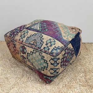 turkish pouf 24x24x12, vintage ottoman, kilim floor cushion, meditation cushion, moroccan ottoman, rug floor cushion, handmade pouf