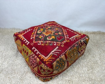 turkish pouf 24x24x8, vintage ottoman, meditation cushion, moroccan kilim pouf, turkish floor pillow, large floor cushion, square kilim pouf