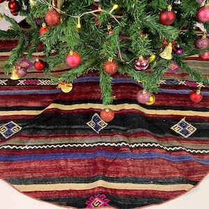 55&quot; kilim christmas tree skirt, handmade tree skirt, holiday tree skirt, rustic christmas gifts, turkish rug christmas tree skirt
