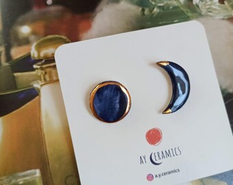 Handmade Ceramic Earrings,Moon Earrings 22K Gold Celestial Jewelry