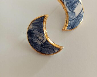 Handmade Ceramic Earrings Moon earrings, 22K Gold Gingko Style
