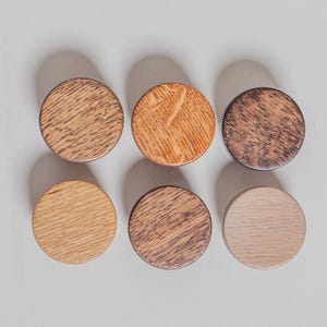 May include: Six round wooden cabinet knobs in various shades of brown and tan are arranged on a white surface. The knobs display different wood grain patterns and colors, ranging from light to dark.