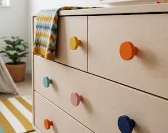 Colorful ash wood knobs, Memphis style furniture hardware, modern cabinet pulls, dresser drawer handles