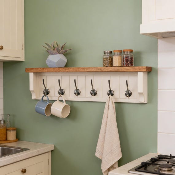 Solid ash wood shelf with hooks, custom size kitchen mug rack, Scandi coffee bar shelving, entryway coat rack