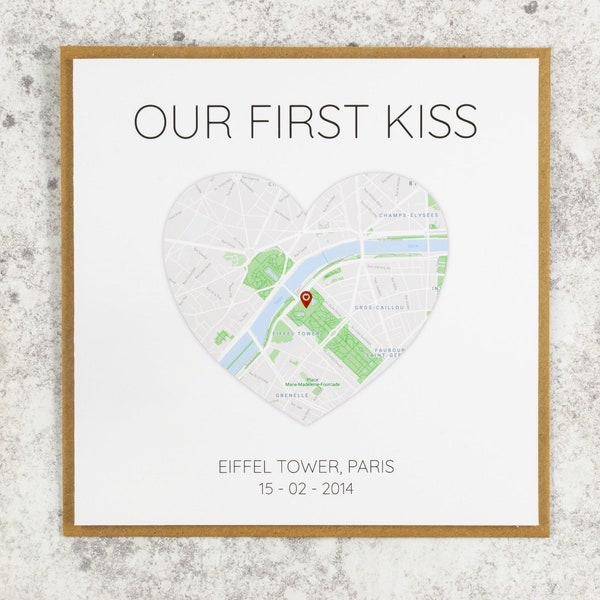 OUR FIRST KISS - Map Personalised Card for your loved one | Custom Greetings Card Gift