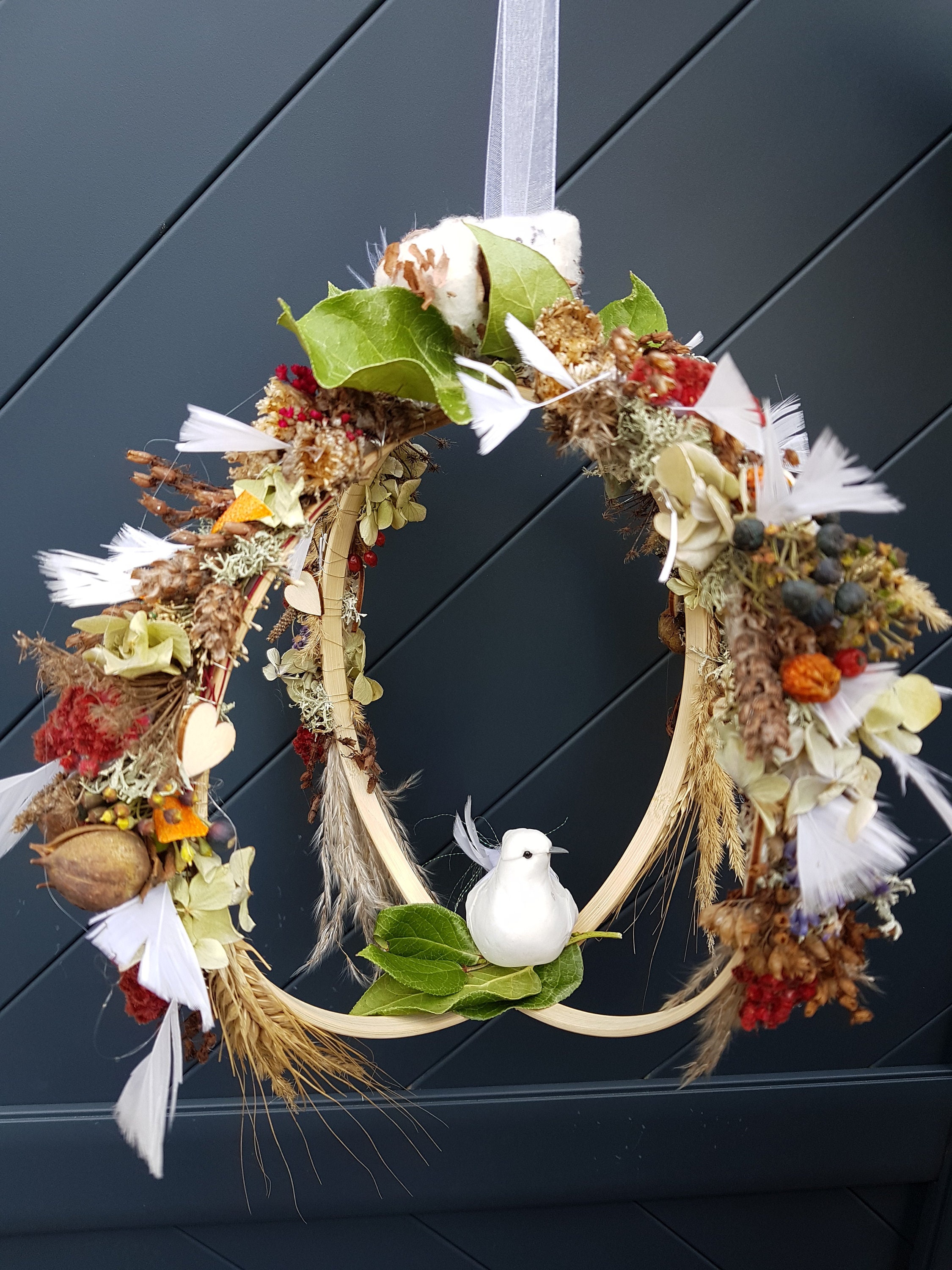Couronne Double Décorative avec Colombe en Fleurs Naturelles Séchées