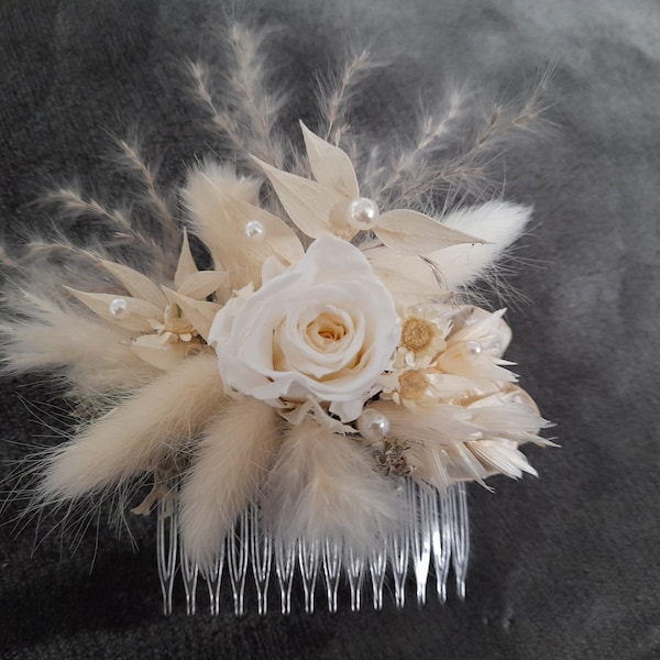 Peigne à cheveux en fleurs séchées rose éternelle coloris blanc, accessoire cheveux mariage