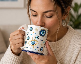 Taza de café con efecto de mal de ojo. Taza de cerámica protectora de 12 oz, regalo espiritual, regalo contra el mal de ojo, Día de la Madre, regalo de cumpleaños, regalo de Navidad, ideas para regalos.