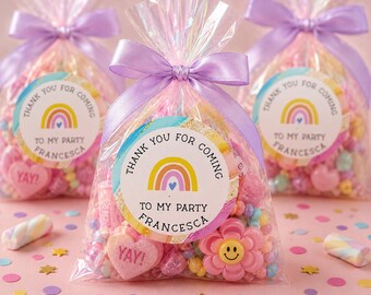 Pegatinas personalizadas para fiestas de cumpleaños infantiles. Gracias por venir a mi fiesta. Personalizadas con el nombre del niño/a. Pegatinas de arcoíris.