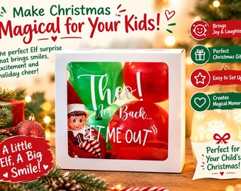Kit DIY de caja de llegada de elfo navideño personalizado: Decoración "He vuelto". Ideas para elfos, ideas para elfos navideños, ideas para elfos en el estante, elfos para niños.