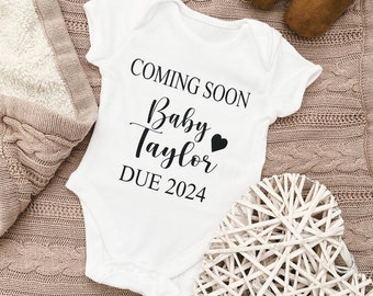 Personalised Pregnancy Baby bodysuit, vest, Personalised Pregnancy Baby grow, Coming soon announcement, Surname and Due Date Baby Grow Vest.