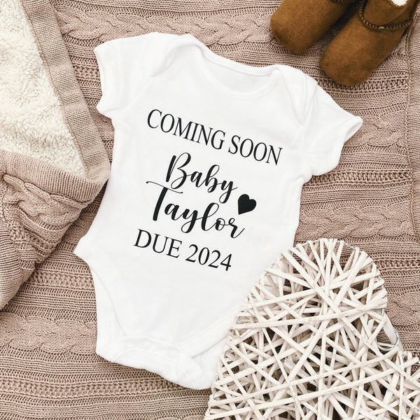 Personalised Pregnancy Baby bodysuit, vest, Personalised Pregnancy Baby grow, Coming soon announcement, Surname and Due Date Baby Grow Vest.