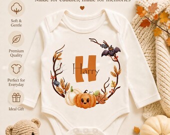 Chaleco de bebé de Halloween con inicial personalizada, recuerdo de Halloween, regalo de Halloween para bebé, body de bebé personalizado, regalo de Halloween, Halloween.