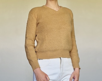 Pull vintage des années 60, 70, faux mohair, laine angora, col en V, marron beige, taille S / XS