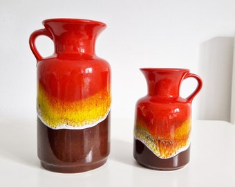 Vintage 70s set of two modern brown red orange yellow white blue fat lava vases Jasba N 602 12 14 20 pottery Made in Germany