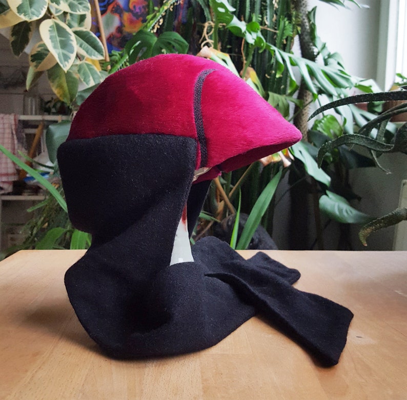 Vintage 50s Dead-stock Pin Up Magenta Pink Fuchsia Black Wool Cap Hat image 7