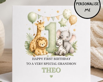 Personalised First Birthday Grandson Card | Safari 1st Birthday Card | Grandson 1st Birthday Card | Personalised Birthday Card Boy