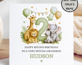 Personalised 2nd Birthday Grandson Card | Safari 2nd Birthday Card | Grandson Second Birthday Card | Personalised Birthday Card Boy