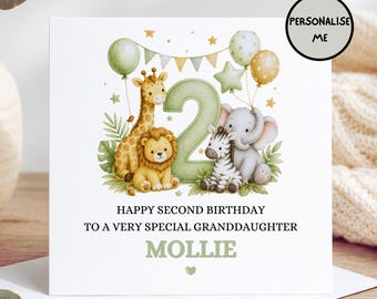 Personalised Second Birthday Granddaughter Card | Safari 2nd Birthday Card | Granddaughter 2nd Birthday Card | Custom Birthday Card Girl