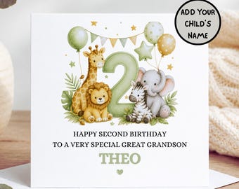 Personalised Second Birthday Great Grandson Card | Safari 2nd Birthday Card, Great Grandson 2nd Birthday Card, Custom Birthday Card Boy