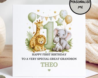 Personalised First Birthday Great Grandson Card | Safari 1st Birthday Card, Great Grandson 1st Birthday Card, Personalised Birthday Card Boy