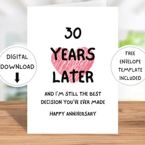 Biglietto per il 30° anniversario STAMPABILE, Biglietto per la coppia con download digitale, Divertente biglietto per il 30° anniversario per lui per lei, PDF 5x7