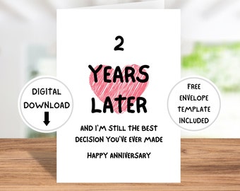 Printable Two Year Anniversary Card Funny 2nd Anniversary Card For Him or Her Digital Download