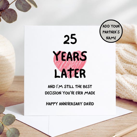 Personalised 25th Anniversary Card, Funny Husband Wife Anniversary Card, 25 Years Together, Partner Name, Silver Wedding Anniversary Card
