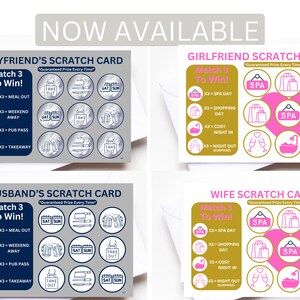 Op de afbeelding: Vier krasloten met verschillende ontwerpen. Elke kaart heeft een hartvorm in het midden met verschillende pictogrammen erin. De kaarten zijn gelabeld met "Boyfriend's Scratch Card", "Girlfriend's Scratch Card", "Husband's Scratch Card" en "Wife's Scratch Card". Elke kaart heeft de tekst "Match 3 to Win!" en "Guaranteed Prize Every Time".