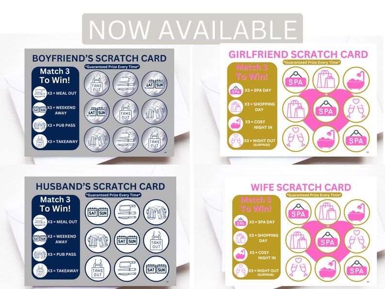 Op de afbeelding: Vier krasloten met verschillende ontwerpen. Elke kaart heeft een hartvorm in het midden met verschillende pictogrammen erin. De kaarten zijn gelabeld met "Boyfriend's Scratch Card", "Girlfriend's Scratch Card", "Husband's Scratch Card" en "Wife's Scratch Card". Elke kaart heeft de tekst "Match 3 to Win!" en "Guaranteed Prize Every Time".
