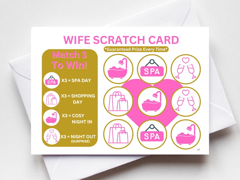 以下が含まれることがあります： ピンクの文字でWIFE SCRATCH CARDと書かれた白い長方形のスクラッチカード。Match 3 To Winという指示が書かれた金色のパネルと、バスタブ、ショッピングバッグ、シャンパングラスのピンクのアイコンが描かれた9つの円形のスクラッチエリアが、大きなピンクのハートの上に配置されています。