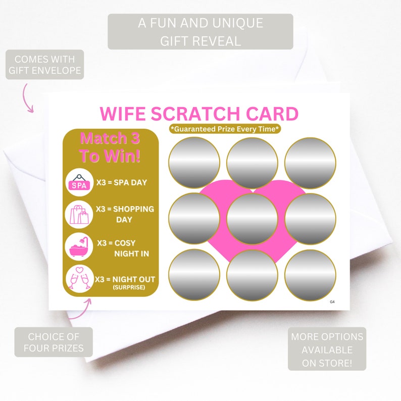 以下が含まれることがあります： ピンク色で「WIFE SCRATCH CARD」と書かれた長方形のスクラッチカード。スパ、ショッピング、おうち時間、お出かけのアイコンが描かれたゴールドのセクションと、ピンクのハートの上に配置された9つの銀色のスクラッチ用円形エリアがあります。