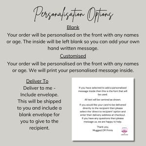 May include: An informational graphic titled Personalisation Options with black text on a light gray background. It details blank or customized card options, delivery instructions, and a white square inset showing a sample font and centered text layout.