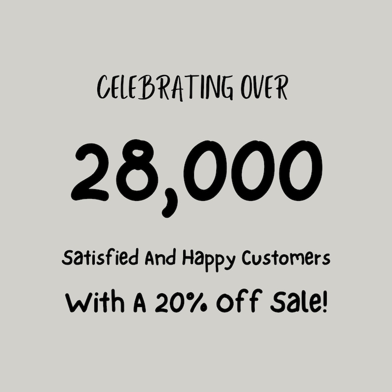 Puede incluir: Gr&aacute;fico de texto en blanco y negro que celebra m&aacute;s de 28.000 clientes satisfechos y felices con una venta del 20% de descuento.
