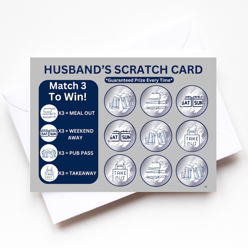 Op de afbeelding: Een grijze en witte kraskaart met de tekst "Husband's Scratch Card" en "Match 3 To Win!" De kaart heeft negen krasvakjes met verschillende pictogrammen, waaronder een maaltijd, een weekendje weg, een pubpas en een afhaalmaaltijd. De tekst "Guaranteed Prize Every Time" staat ook op de kaart.