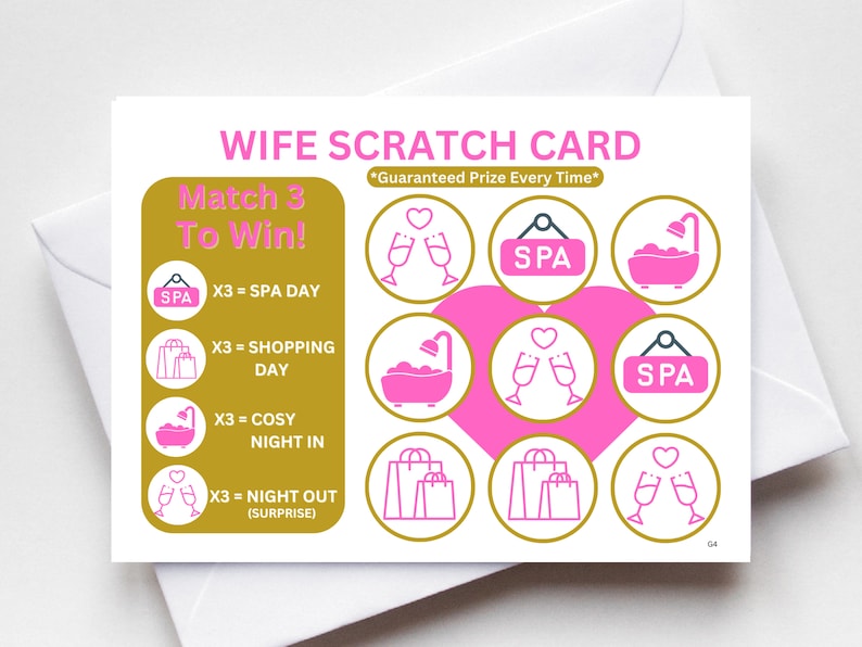 Op de afbeelding: Een roze en gouden kraskaart met de tekst "Wife Scratch Card" en "Match 3 To Win!" De kaart heeft negen vakjes met verschillende pictogrammen, waaronder een spa, boodschappentassen, een badkuip en champagne glazen. De tekst "Guaranteed Prize Every Time" is ook inbegrepen.