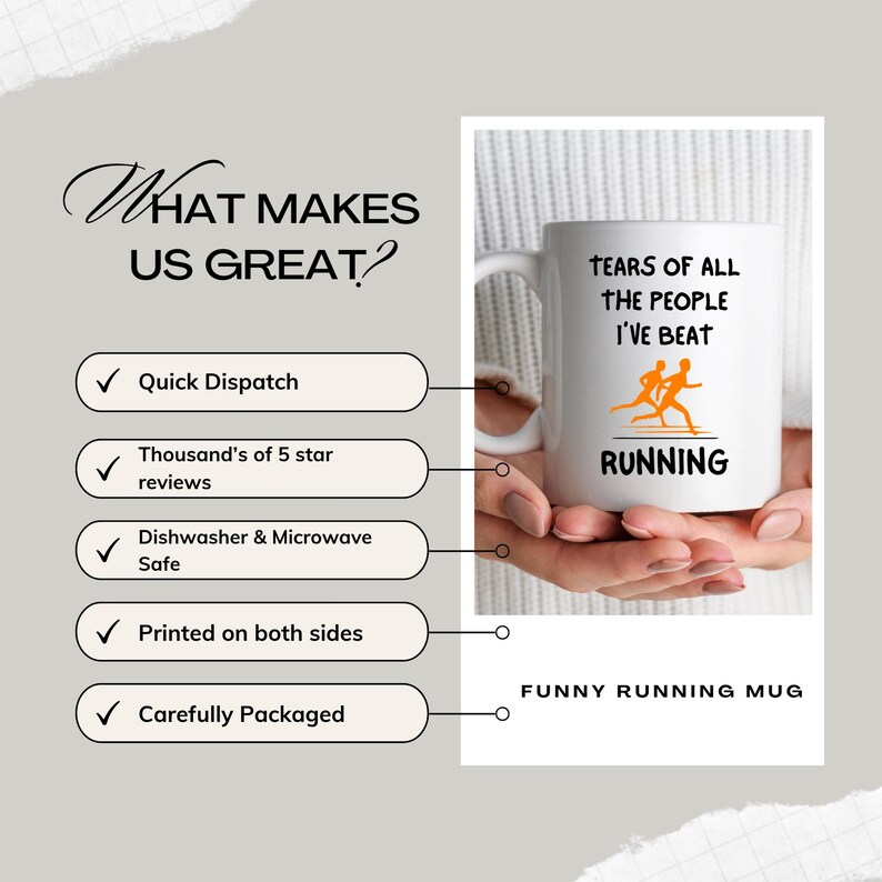 K&ouml;nnte beinhalten: Wei&szlig;e Keramik-Tasse mit dem Text "TEARS OF ALL THE PEOPLE I'VE BEAT RUNNING" in Schwarz und Orange. Die Tasse zeigt eine Grafik von zwei L&auml;ufern. Die Tasse ist mit "FUNNY RUNNING MUG" beschriftet.