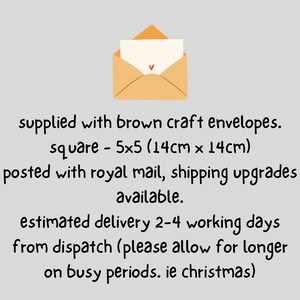 May include: A brown craft envelope with a white card inside. The envelope is 5x5 inches (14cm x 14cm).