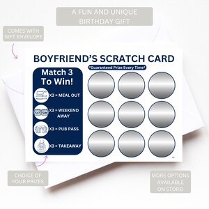 Op de afbeelding: Een blauwe en witte kraskaart met de tekst "Boyfriend's Scratch Card" en "Match 3 to Win!" De kaart heeft negen zilveren cirkels die je kunt schrapen om prijzen te onthullen. De prijzen zijn "Meal Out", "Weekend Away", "Pub Pass" en "Takeaway".