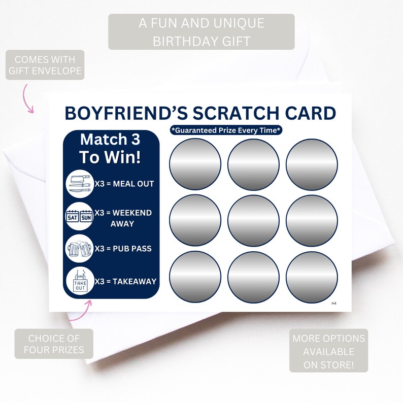 Op de afbeelding: Een blauwe en witte kraskaart met de tekst "Boyfriend's Scratch Card" en "Match 3 to Win!" De kaart heeft negen zilveren cirkels die je kunt schrapen om prijzen te onthullen. De prijzen zijn "Meal Out", "Weekend Away", "Pub Pass" en "Takeaway".