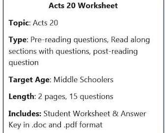 聖書ワークシート: 使徒行伝 20 章 生徒用ワークシートと解答 キリスト教中学生向け VBS 配布資料