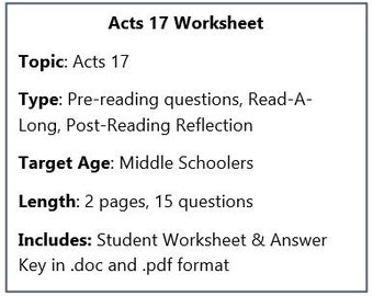 聖書ワークシート: 使徒行伝 17 生徒用ワークシートと解答キー キリスト教中学生向け VBS 配布資料