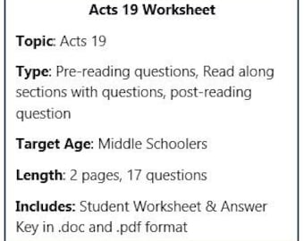 聖書ワークシート: 使徒行伝 19 生徒用ワークシートと解答キー キリスト教中学生向け VBS 配布資料