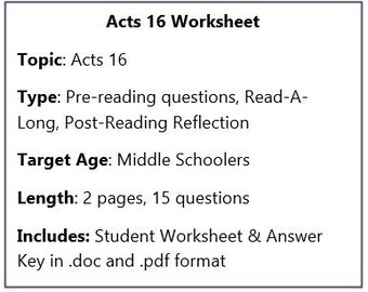 聖書ワークシート: 使徒行伝 16 生徒用ワークシートと解答キー キリスト教中学生向け VBS 配布資料