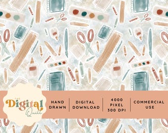 Watercolor School Supply Seamless Pattern | Hand-Painted Classroom Digital Paper | Back School Seamless Background | Teacher Craft Pattern