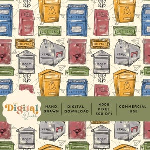 May include: A repeating pattern of colorful mailboxes in various styles and colors, including red, blue, yellow, and gray. The design features the text "U.S. MAIL", "POST", and numbers, along with decorative elements like paper airplanes.