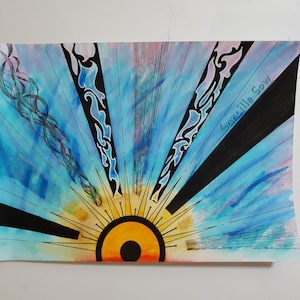 May include: Watercolor painting of a stylized sunburst with blue, yellow, and black elements. The artwork features radiating lines, decorative patterns, and the artist's signature, Carcille Sow.