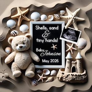 Schwangerschaftsankündigung - Strand, Meer, Geschlecht neutral, sofortiger Download, druckbare digital bearbeitbare Vorlage, Social Media Baby Enthüllung, Seestern