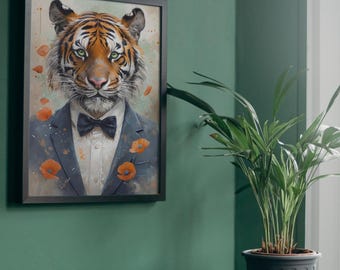 Tiger wall art print, Tiger  in a tuxedo, Whimsical tiger, Animal Wall Art, Tiger Decor, Printable tiger, animal print, Sophisticated tiger